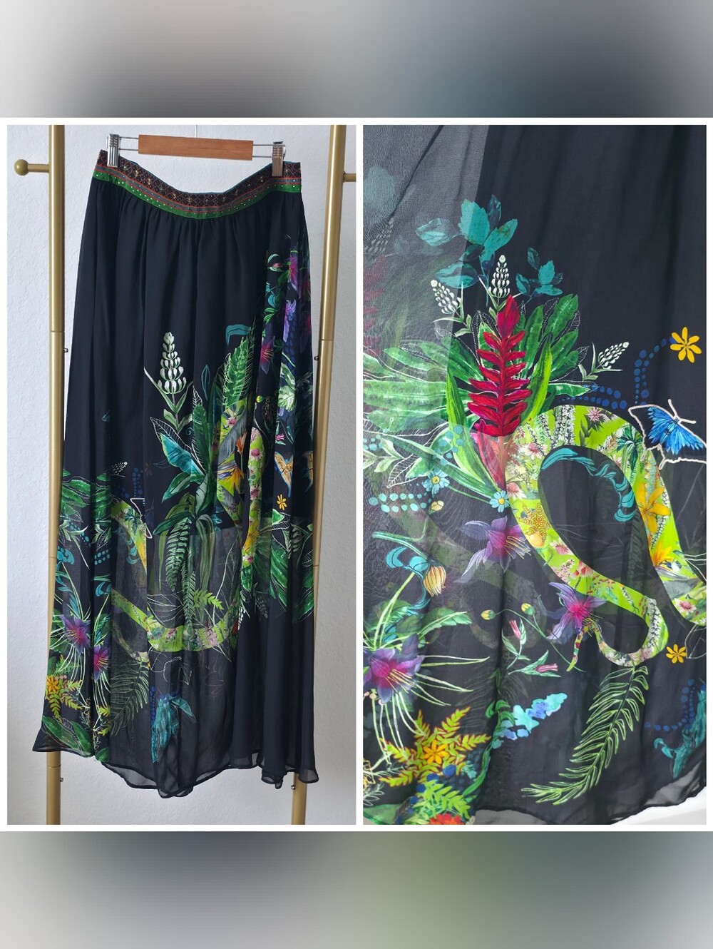Camilla Black Maxi Skirt with Multicolor Tropical Print